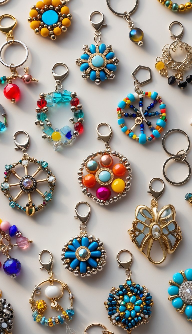A collection of colorful beaded jewelry keychains made from broken jewelry pieces arranged on a neutral background.
